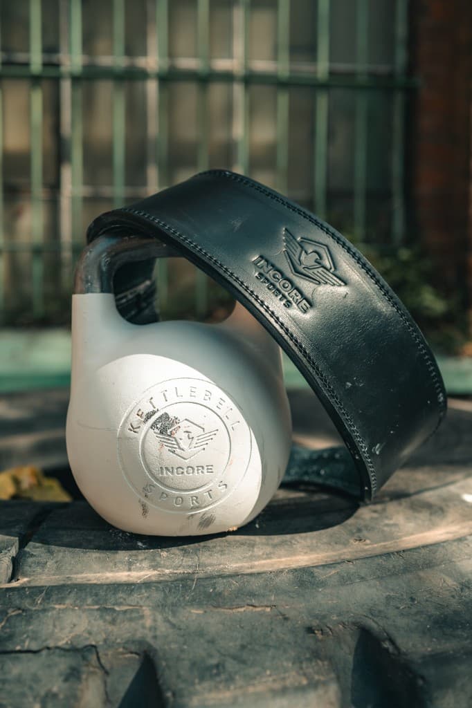 Incore Sports competition kettlebell with a leather kettlebell sport belt