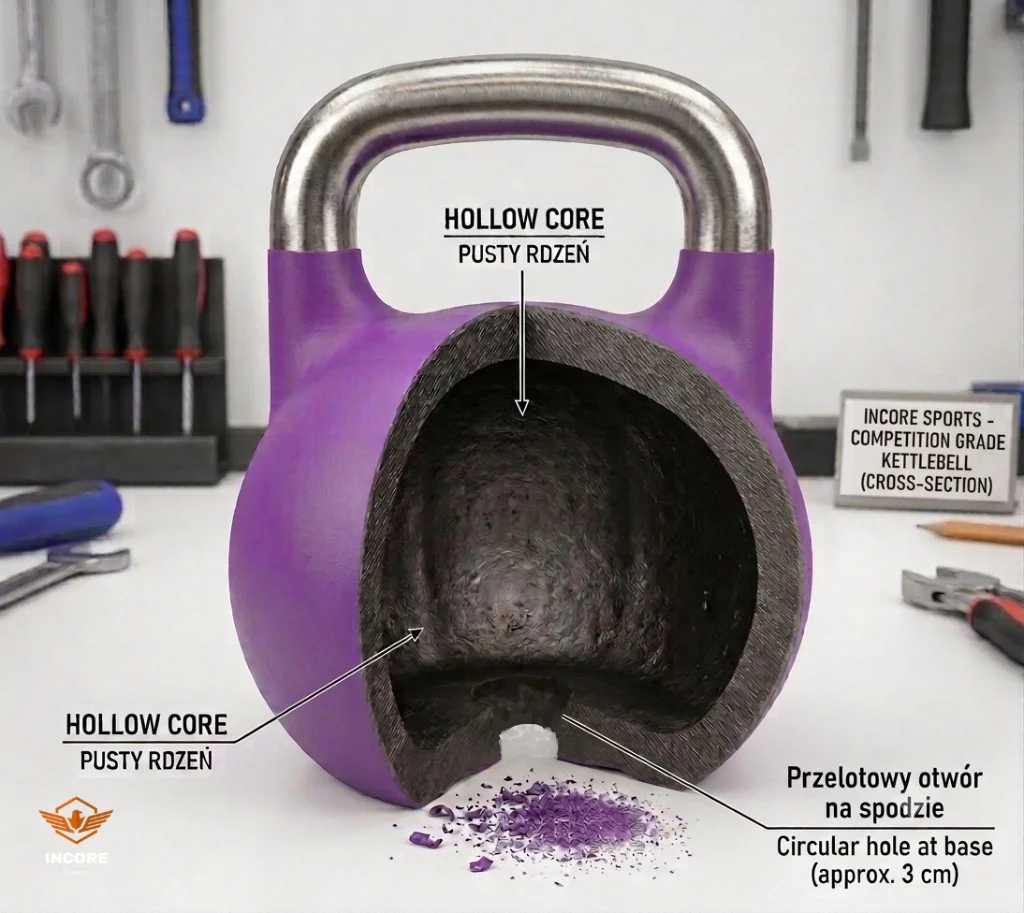 Cross-section of an Incore Sports competition kettlebell showing hollow-core construction with no internal filling