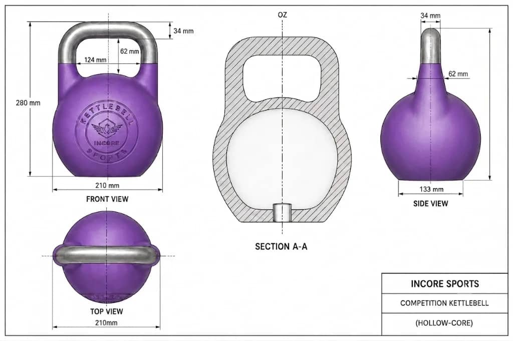 Technical schematic of the Incore Sports competition kettlebell with dimensions and hollow-core section view
